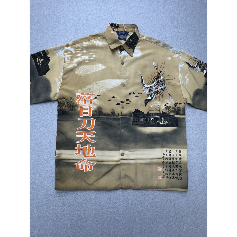ICE Collection Shirt Mens Large Beige Samurai Graphic Short Sleeve Y2K Casual